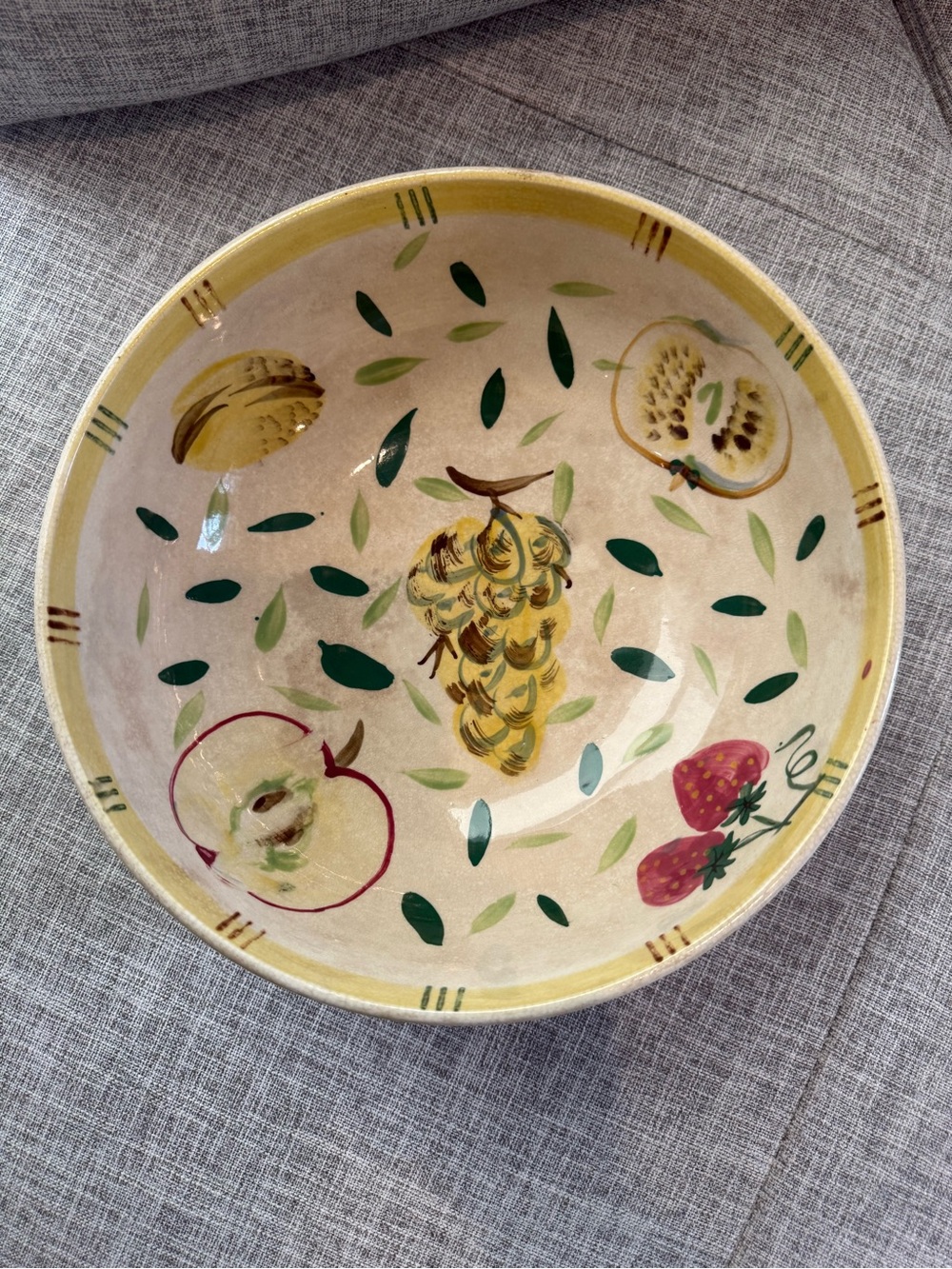 Vintage Yellow-Rimmed Hand-Painted Fruit Ceramic Serving Bowl